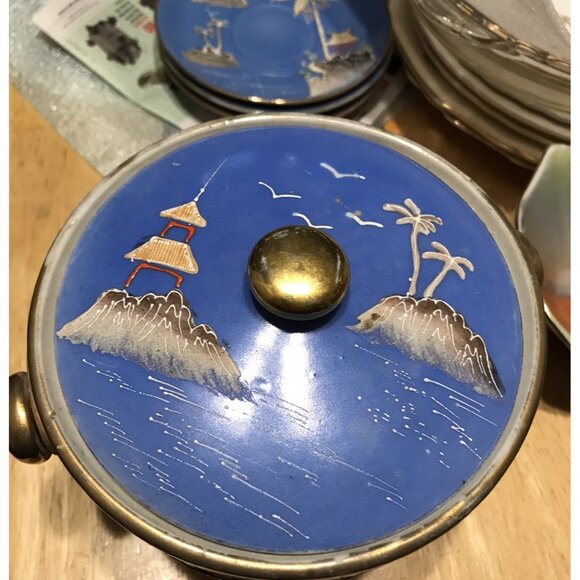 1920s Morimura Japan Moriage Tea Set Coffee Island Palm Trees Pagoda Gaudy Blue - Picture 4 of 16